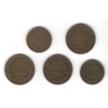 FIVE EAST INDIA COMPANY COINS (HALF / QUARTER ANNA)