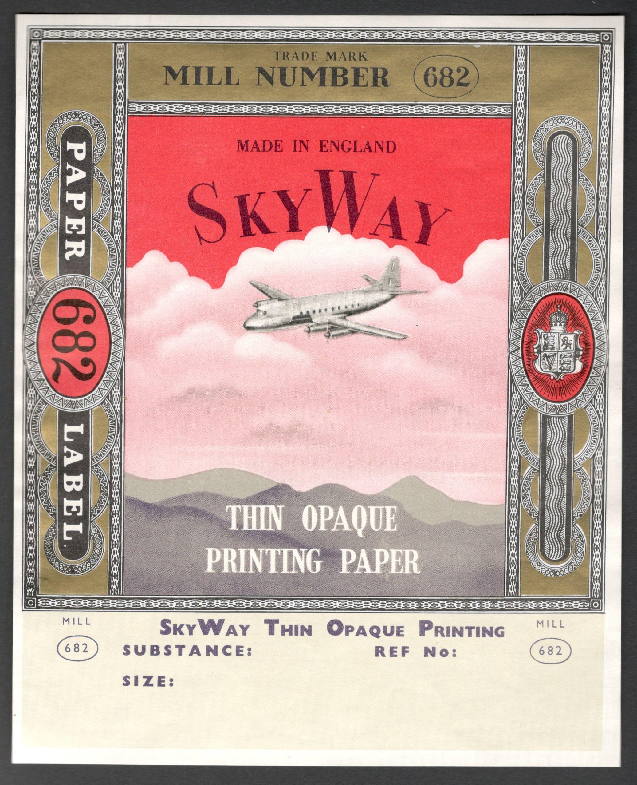 TWO VINTAGE THIN OPAQUE PRINTING PAPER LABELS MILL NUMBER 682 SKY WAY & SCRIPTEXT - Image 2 of 2