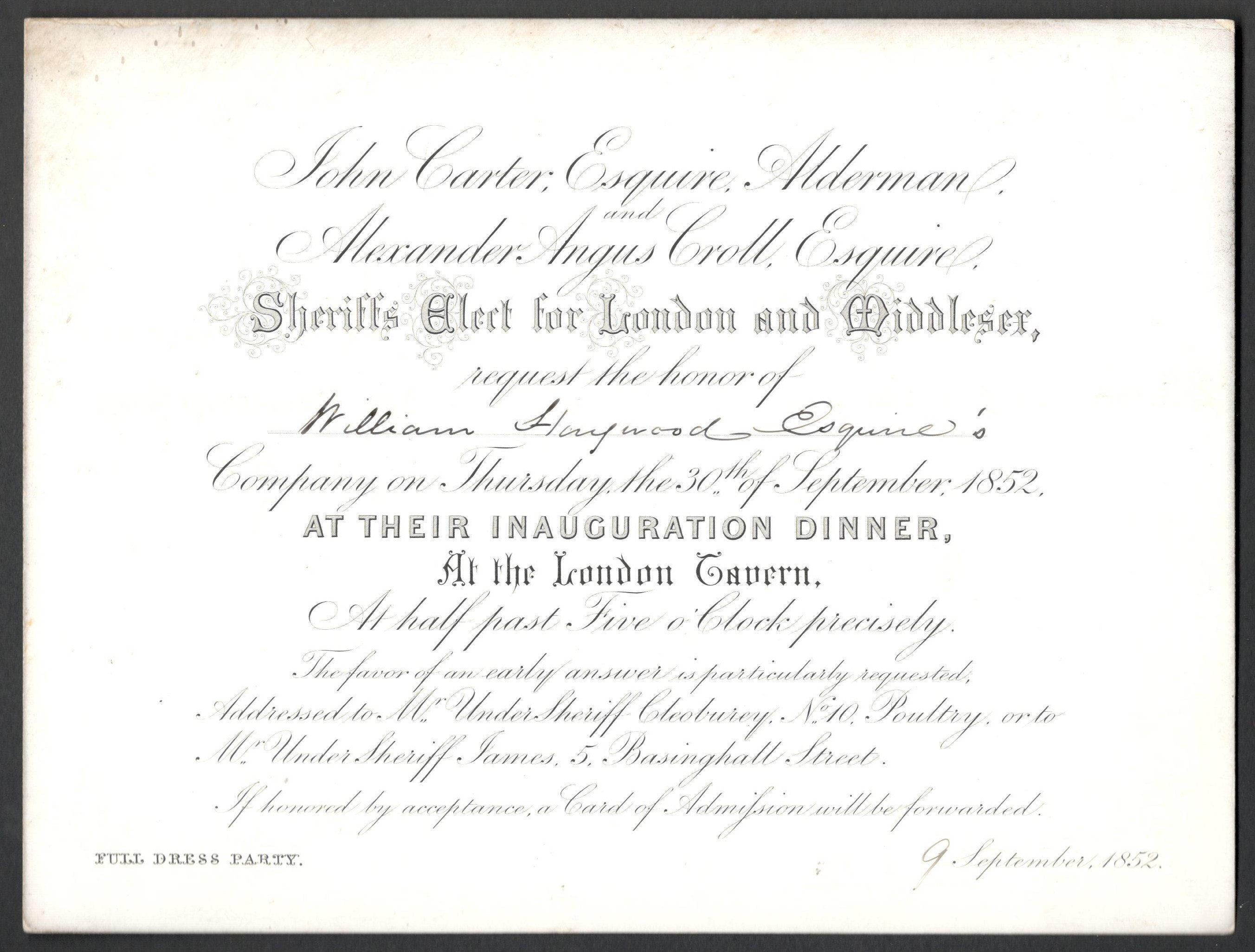 1852 SHERIFF’S ELECT FOR LONDON AND MIDDLLESEX INVITATION FOR INAUGURATION DINNER