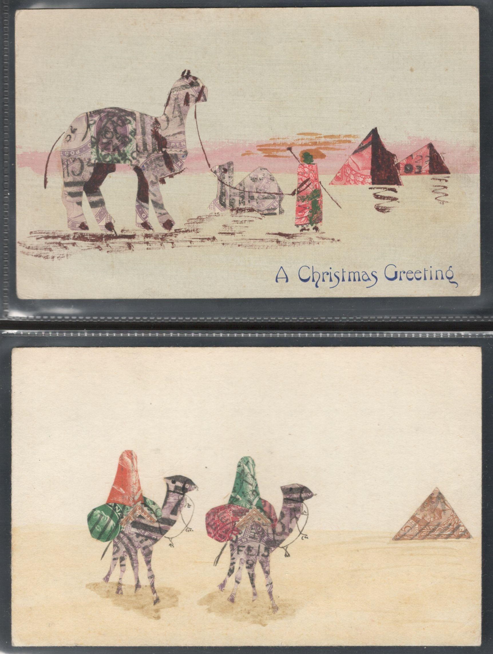 TWO STAMP MONTAGE POSTCARDS IN VARIOUS CONDITION