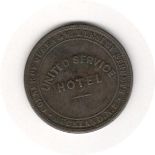 1874 ADVERTISING TOKEN FOR UNITED SERVICE HOTEL AUCKLAND NEW ZEALAND CORNER OF QUEEN & WELLESLEY ST.