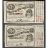 1870s TWO STATE OF LOUISIANA FIVE DOLLARS BABY BONDS