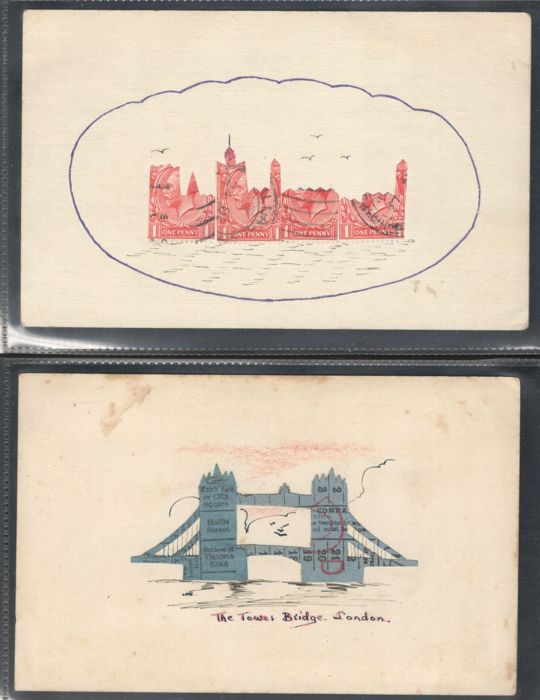 TWO STAMP MONTAGE POSTCARDS IN VARIOUS CONDITION