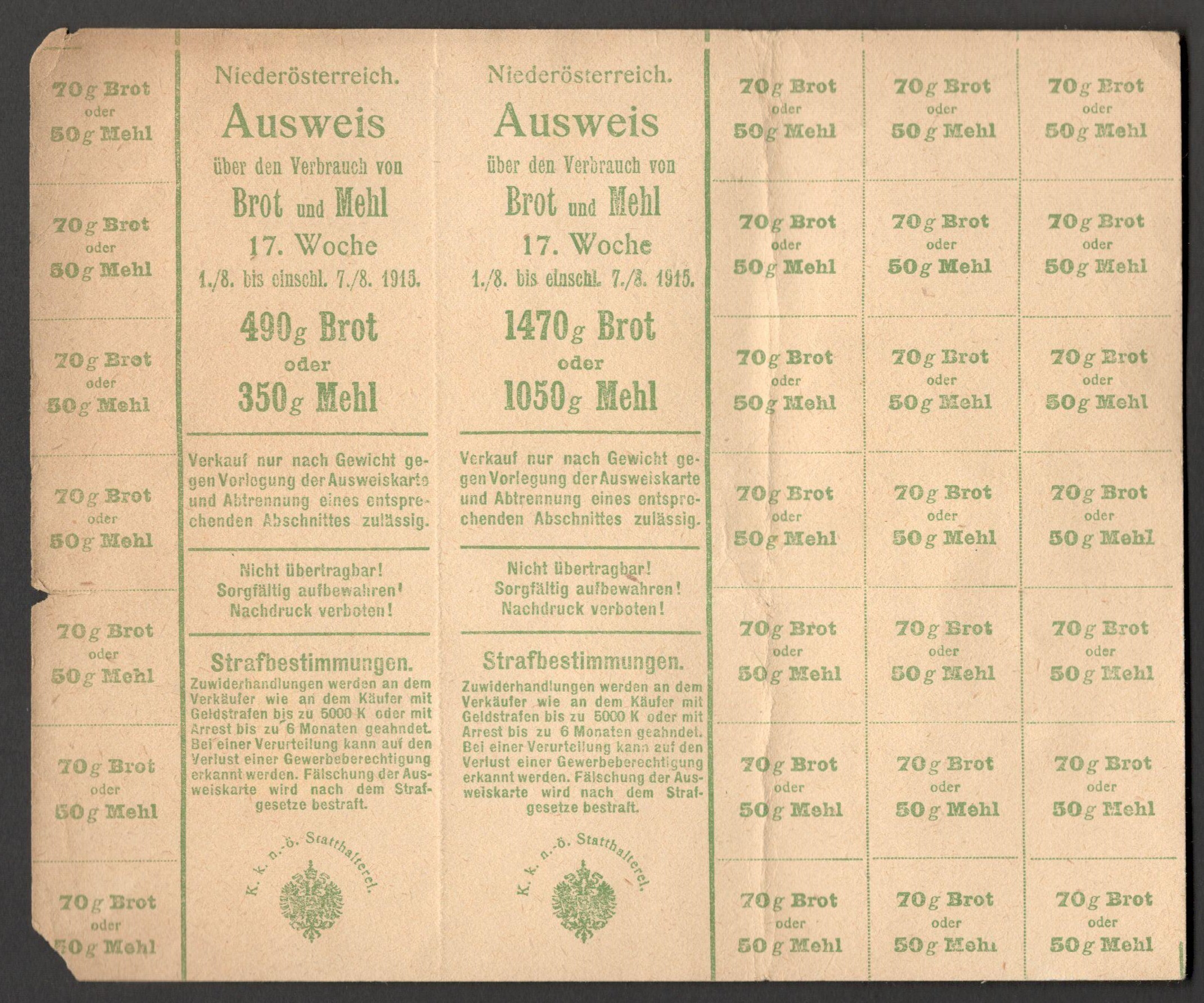 NIEDEROSTERREICH AUSWEIS 1915 LOWER AUSTRIA IDENTIFICATION PAPER IN ACCEPTABLE CONDITION