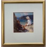 JOHN RICHARD TOWNSEND 1930-2013 OIL ON BOARD - TWO GIRLS AT BEACH'' SIGNED WITH INITIALS LOWER RIGHT