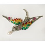 STERLING SILVER GEMSTONE BIRD BROOCH - RUBY & PEARL