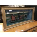 SUSSEX OAK SCOONER MODEL BOAT , REGISTERED IN LOWESTOFT - CASED - GLASS IS CRACKED