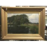 ROWLAND HOLYOAKE SIGNED OIL ON CANVAS - THE HOME OF THE SWAN- 75CM X 50CM - GOOD CONDITION