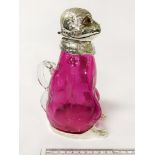 SILVER PLATE & CRANBERRY GLASS MONKEY CLARET JUG