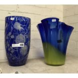 TWO BLUE GLASS VASES - BOTH APPROX. 30CM