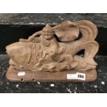 CARVED WOODEN SCULPTURE ON BASE OF MAN & FISH - 20CM