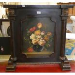 An Edwardian mahogany fire screen, central panel still life oil on board