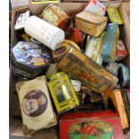 A large quantity of vintage tins, including Ringtons Tea, Bassetts, Jacob and co, tobacco and