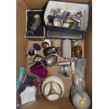 Miscellaneous collectibles, including cased cutlery, hat pins, plate ware, lockets, hip flask, money