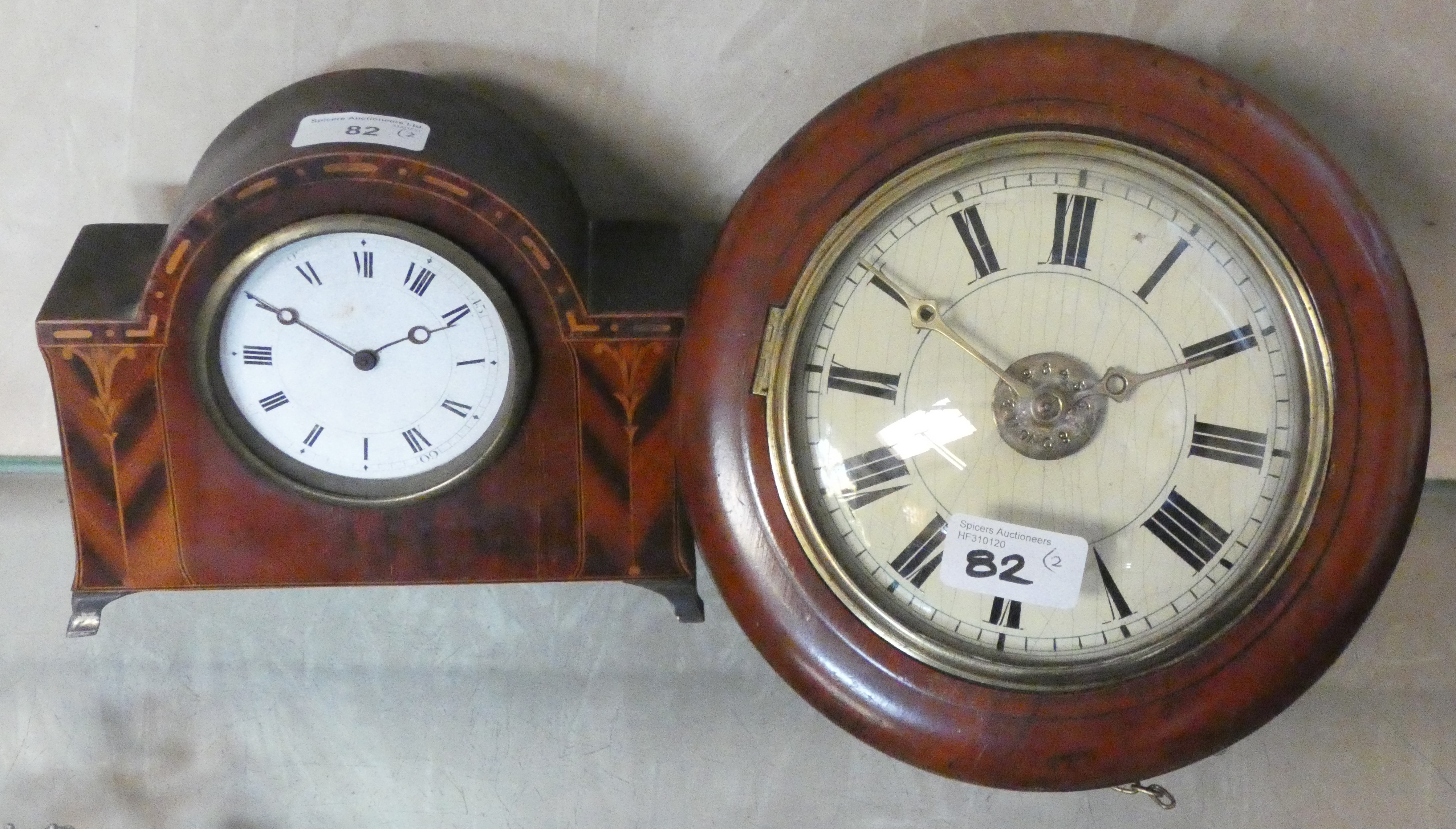 An inlaid mahogany manual wind mantle clock together with a manual wind wall clock with alarm (2)