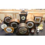 An anniversary clock together with six oak cased mantle clocks, a Swiza swiss made mantle clock