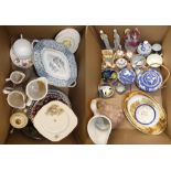 Two boxes of china, various decorative plates, teapot with matching ginger jar, jug, figurines and