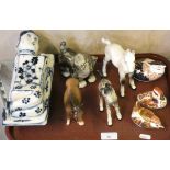 A Beswick grey shire foal and a larger white example, three Royal Crown Derby figures (one lacking