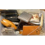 A box of collectable including cigarettes cases, candle snuffers, card cases, treen and an unusual