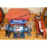 A Clarke 6" bench grinder CBG6RWC together with a Clarke parts washer and a Clarke trolley jack (3)