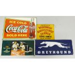 A pressed tin rectangular single sided enamel wall mounted sign for Greyhound, 19 x 47.5cm, together