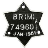 A wagon plate 'BR (M) A 749601 Jan 1951', star shape, 16 x 18 cm.