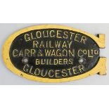 A wagon plate 'Gloucester Railway Carr & Wagon Co. Ltd. Builders Gloucester', 20 x 11 cm.
