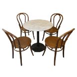 A circular marble topped cast iron table, together with four Bentwood chairs, diameter 60cm,