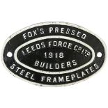 A wagon plate 'Fox's Pressed Steel Frameplates, Leeds Forge Co. Ltd. Builders', 1918, 22 x 14cm.