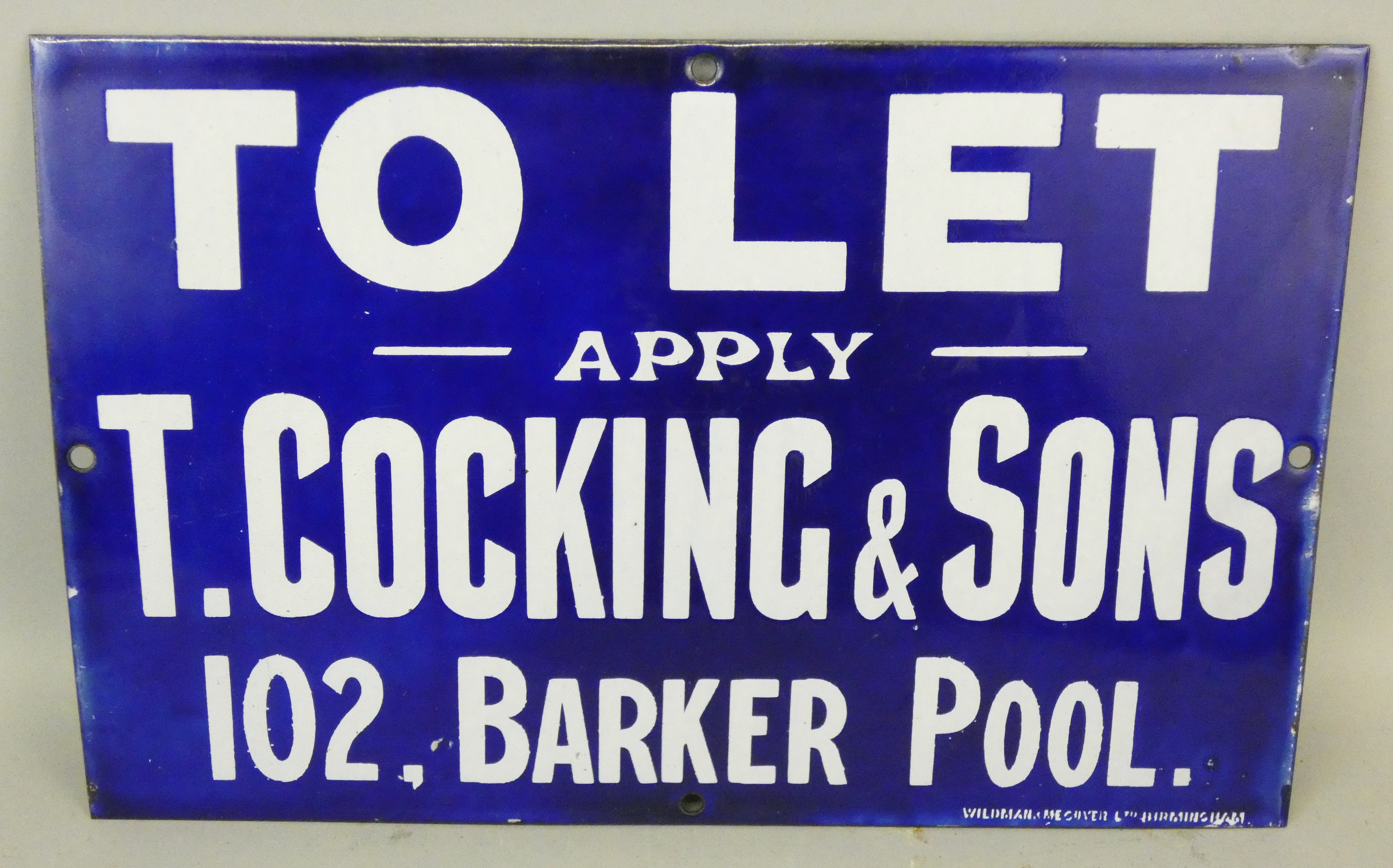 A vintage enamel single sided wall mounted sign for T. Cocking & Sons, 102 Barker Pool, 23 x 35.5.