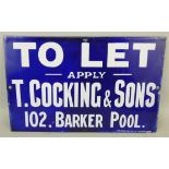A vintage enamel single sided wall mounted sign for T. Cocking & Sons, 102 Barker Pool, 23 x 35.5.