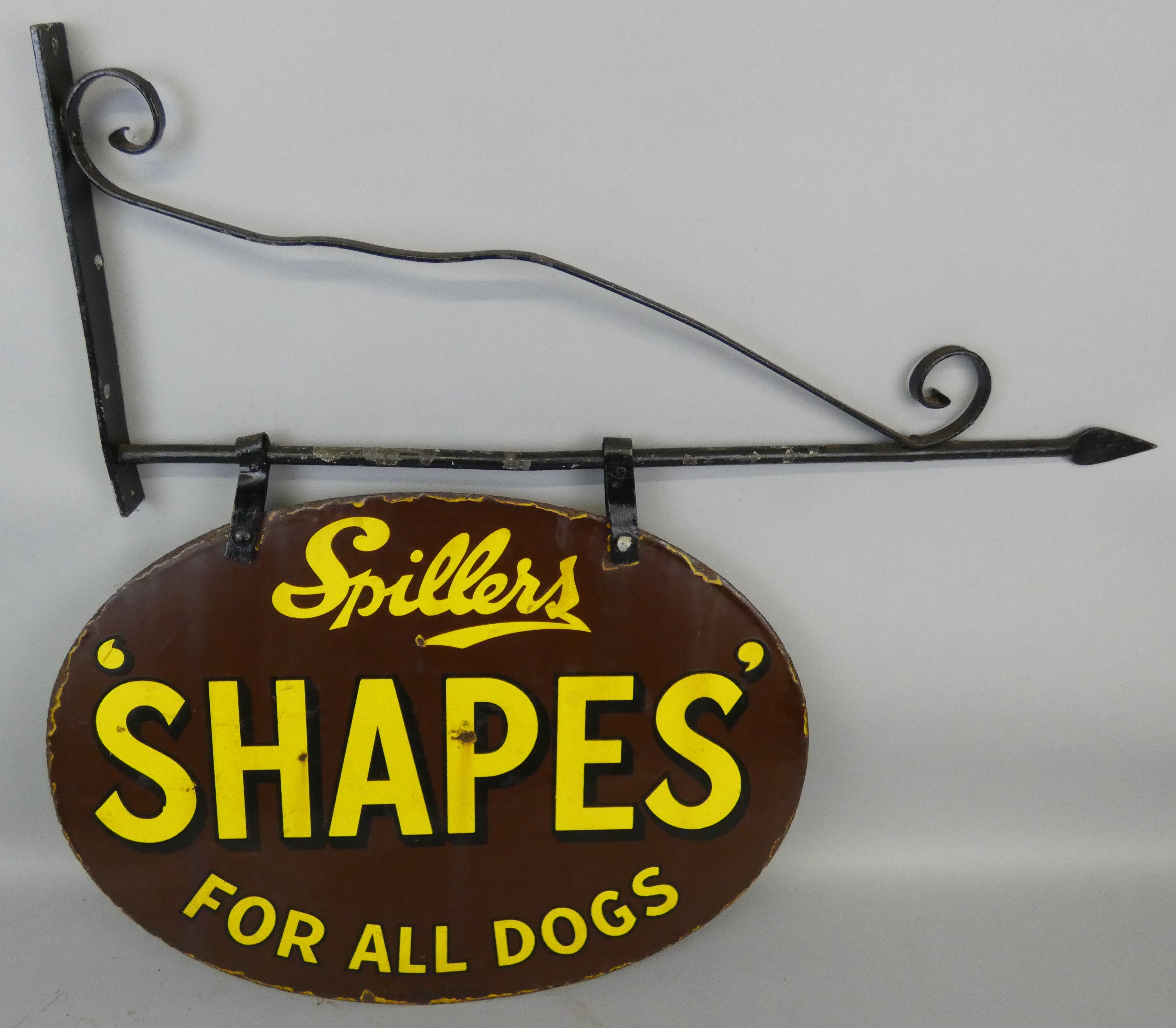 A vintage enamel double sided swinging sign for Spillers Osoko, on original iron hanging bracket, - Image 2 of 2