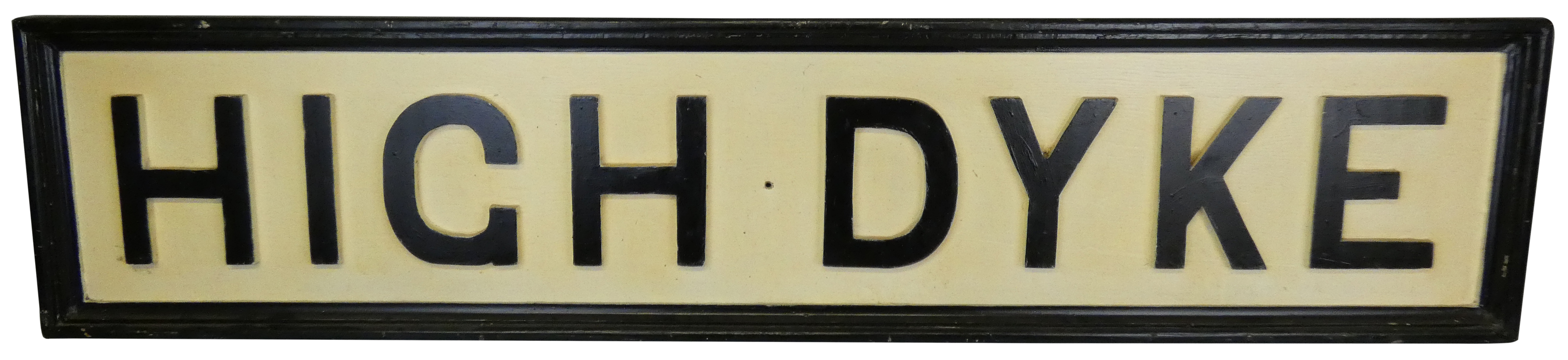 An older reproduction painted wood signal box sign 'High Dyke', 157 x 33.5cm. The High Dyke signalbo