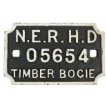 A wagon plate 'N.E.R. H.D. 05654 Timber Bogie', for Hull Dock use, 22 x 14cm.