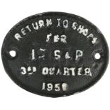 A wagon plate 'Return to shops..... 3rd Quarter, 1959', 12 x 10cm.