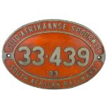 A cabside number plate 33-439 from a SAR Class 33 diesel-electric locomotive, built by General