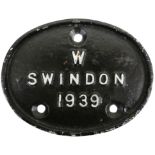 A wagon plate 'W Swindon 1939', 12 x 10 cm.