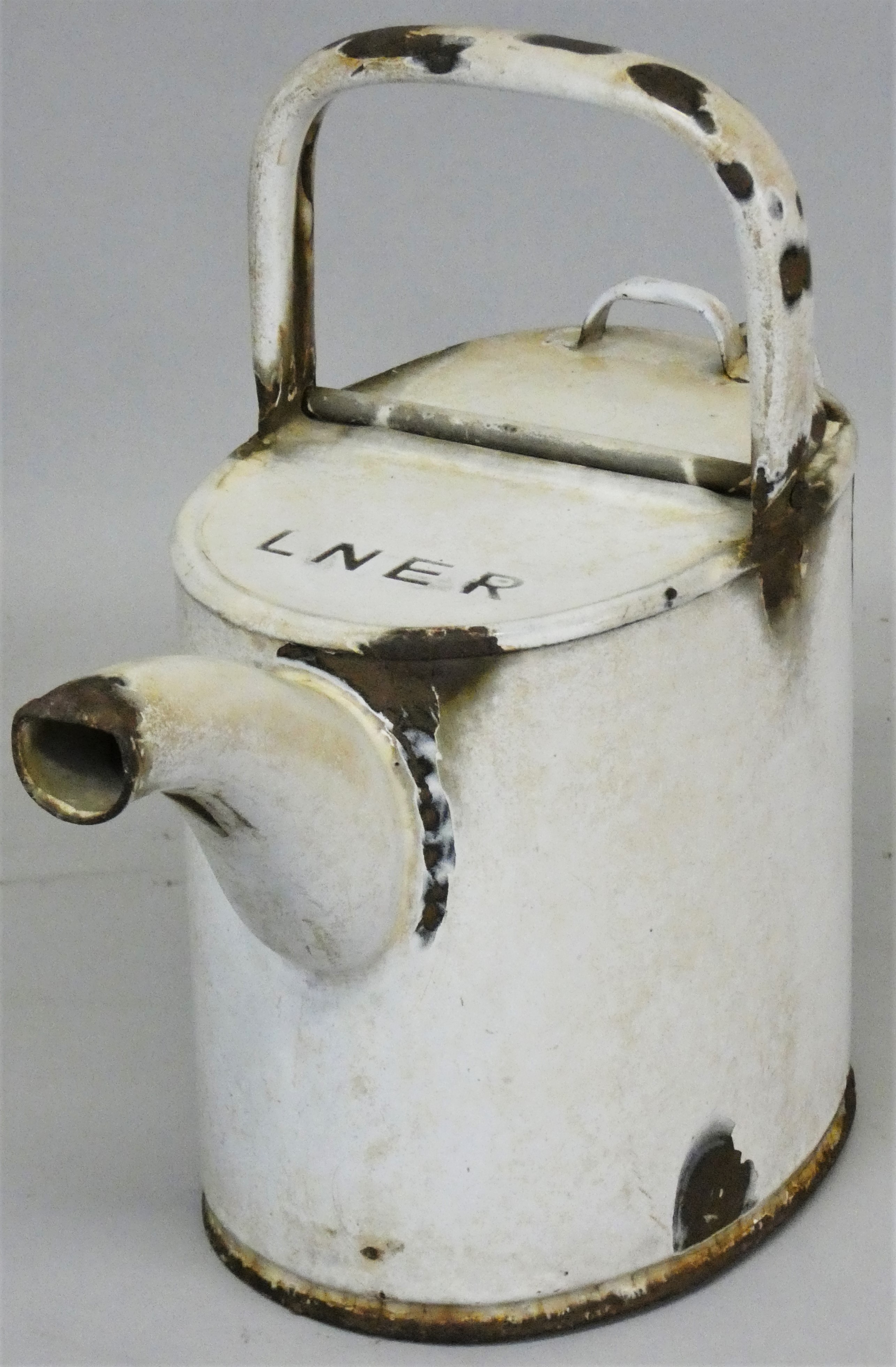 A white enamel LNER distressed teapot, height 25cm. - Image 3 of 3