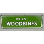 A vintage rectangular single sided enamel ceiling mounted sign for Wills's Woodbines, 23 x 71.5cm.