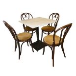 A square marble topped cast iron table with four Bentwood upholstered chairs, length 70cm, width