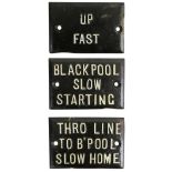 A plaque 'Blackpool Slow Starting', 14 x 9cm, another similar 'Thro Line to B'Pool Slow Home', 14