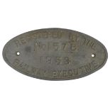 A locomotive registration plate 'Registered by the Railway Executive', No, 1578, 15 x 30cm.