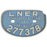 A wagon plate 'L.N.E.R. Darlington 277378', 1945, 27 x 16cm.