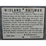 A cast iron Midland Railway notice to trespassers, with ten lines of text, 7 Vict. Cap. 18 Sec. 238,