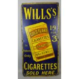 A vintage enamel single sided wall mounted sign for Wills Gold Flakes, 91.5 x 46cm.