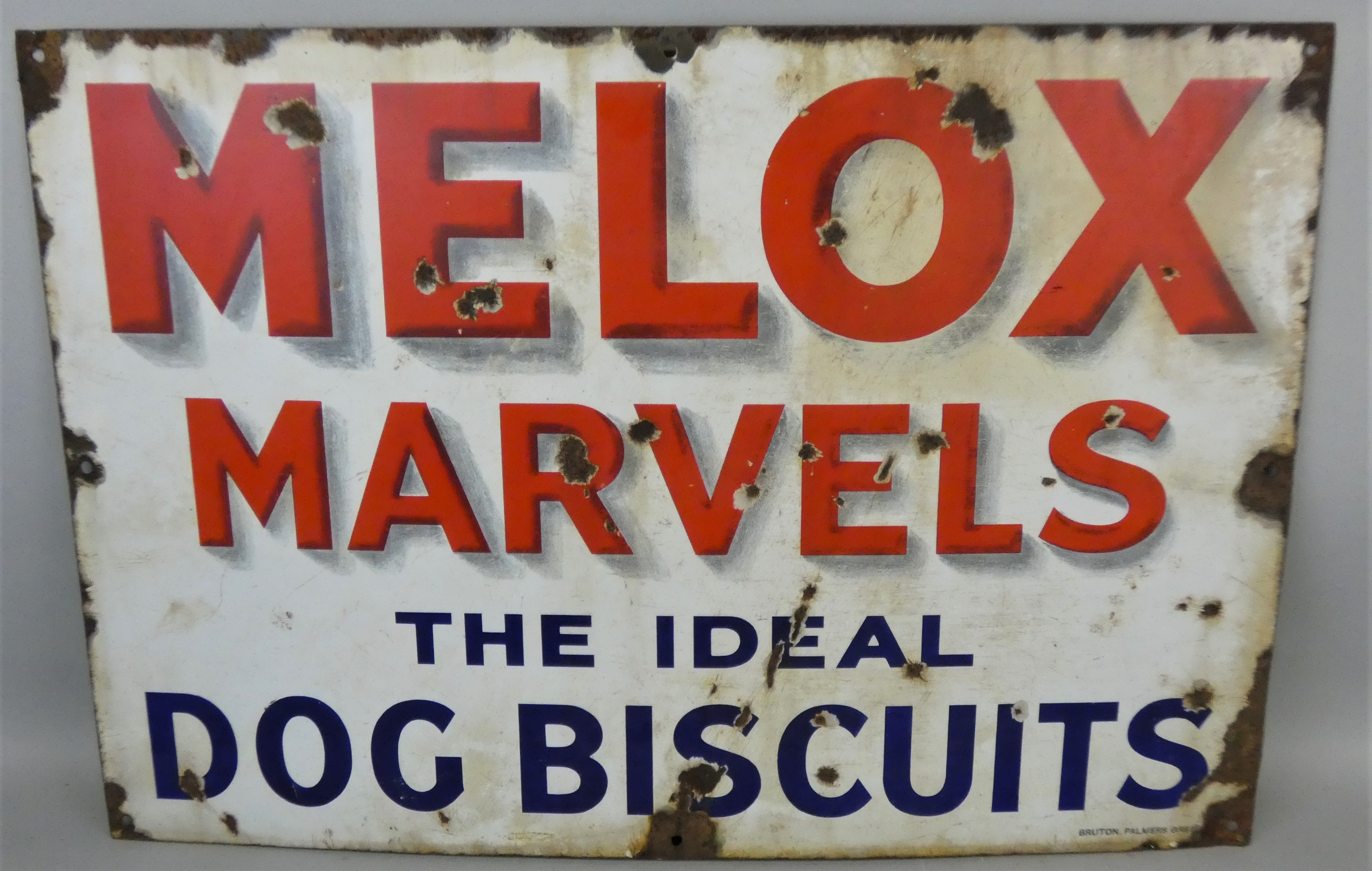 A vintage enamel single sided wall mounted sign for Melox Marvels The Ideal Dog Biscuits, 46 x