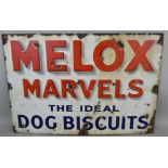 A vintage enamel single sided wall mounted sign for Melox Marvels The Ideal Dog Biscuits, 46 x