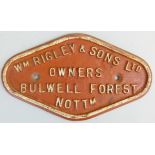 A wagon plate 'W M Rigley & Sons Ltd. Owners Bulwell Forest Nottm', 28 x 16 cm.