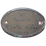 A wagon plate 'BR Derby Lot No. 30748', 1955, width 17.5cm, height 11.5cm.