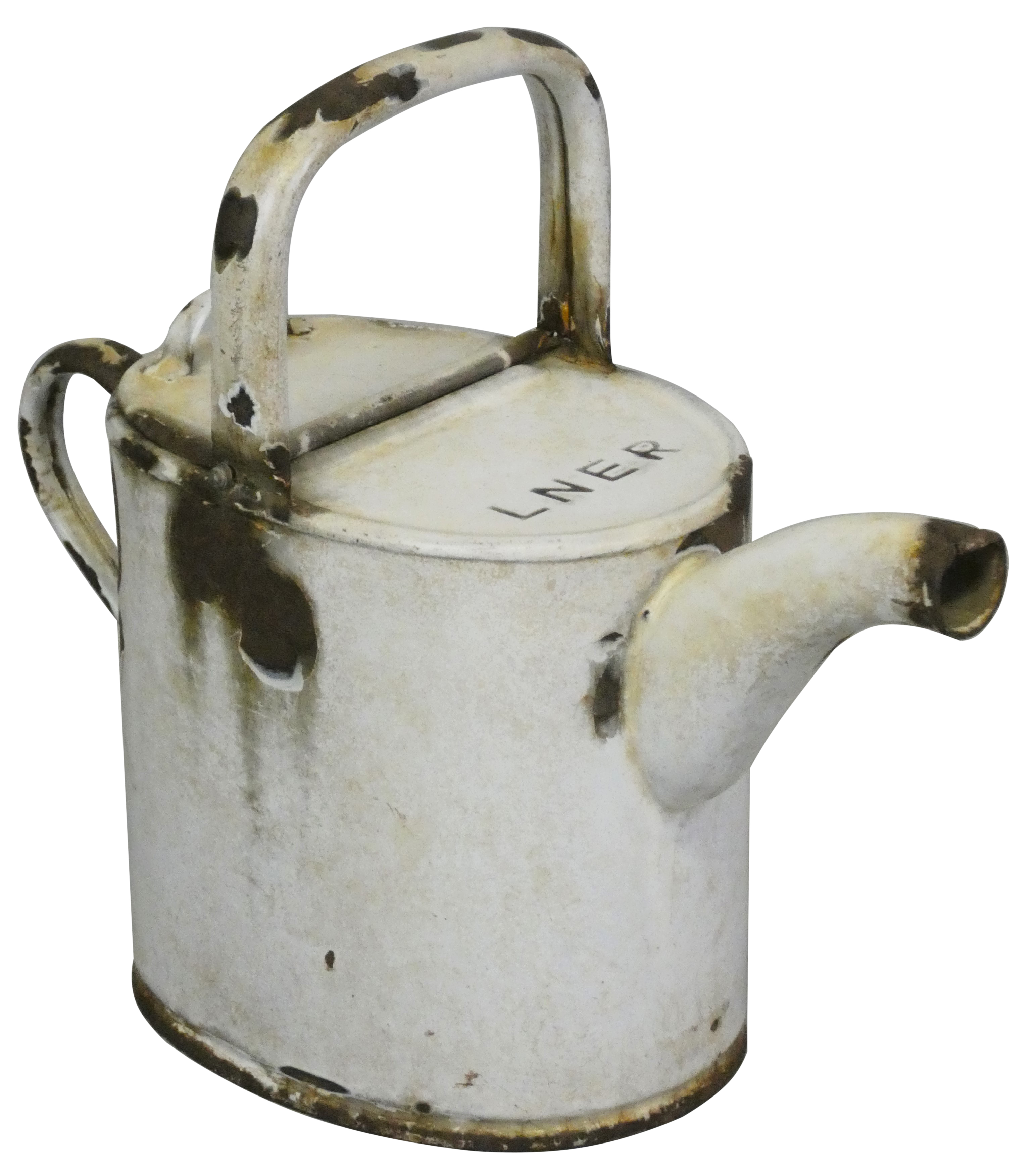 A white enamel LNER distressed teapot, height 25cm.